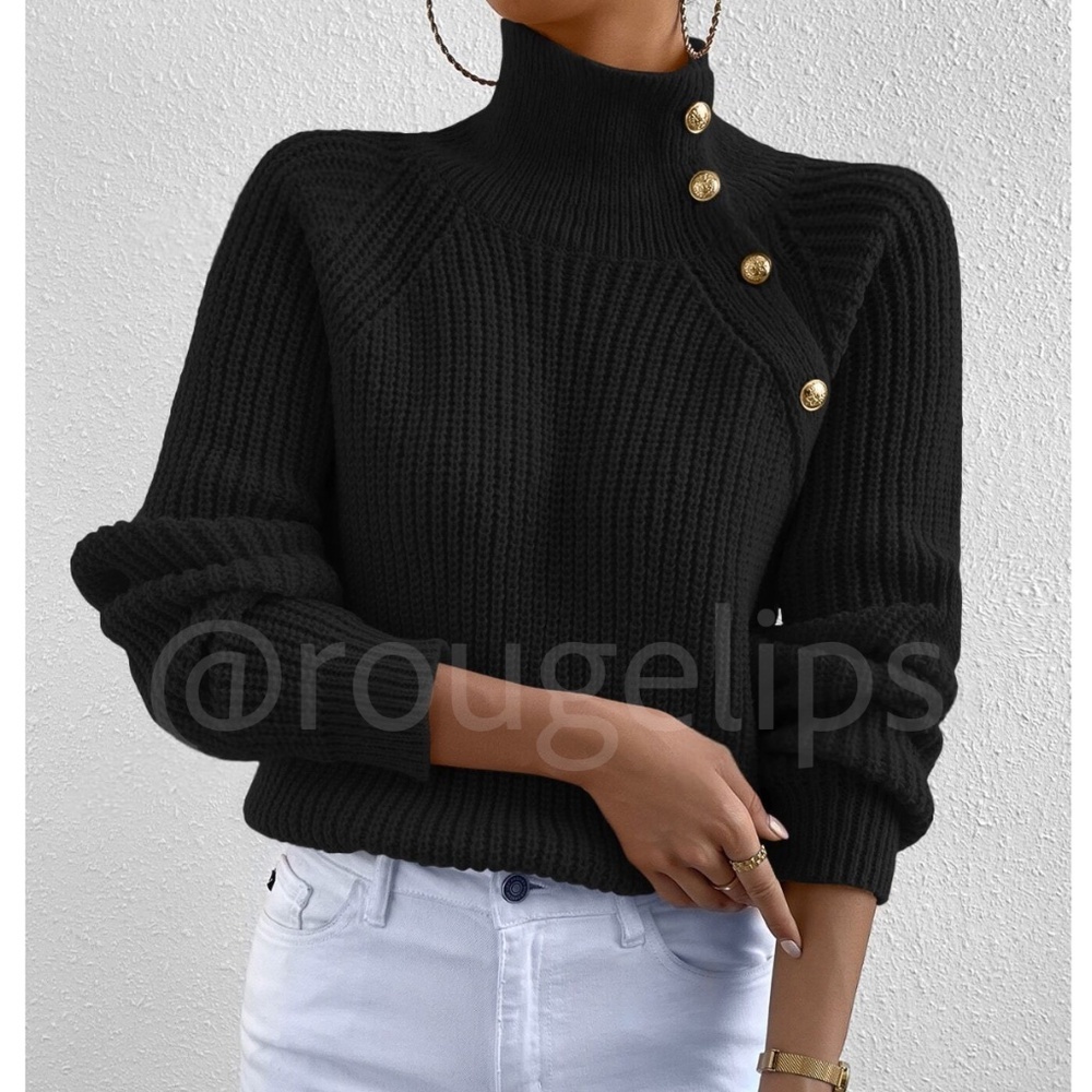 Black Cable Knit Turtleneck Pullover Sweater Asymmetrical Buttons Long Sleeve